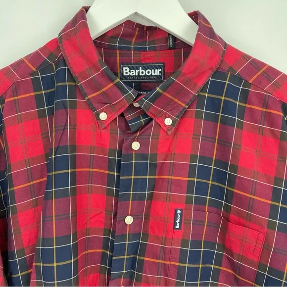Barbour Wetheram Red Tartan Plaid Button Down Shirt Tailored Fit Mens Size L
